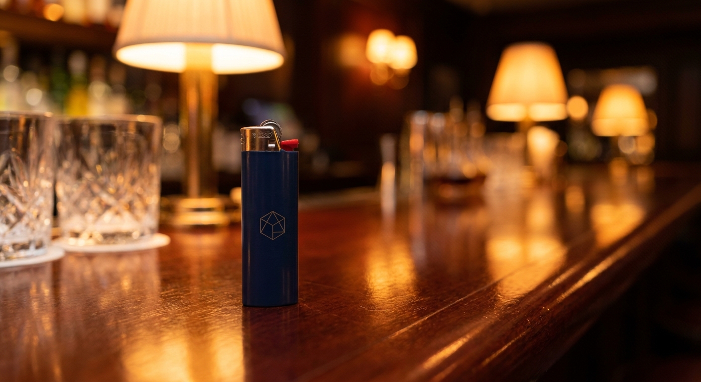 briquet Bic personnalisé avec logo d'entreprise posé sur un comptoir de bar