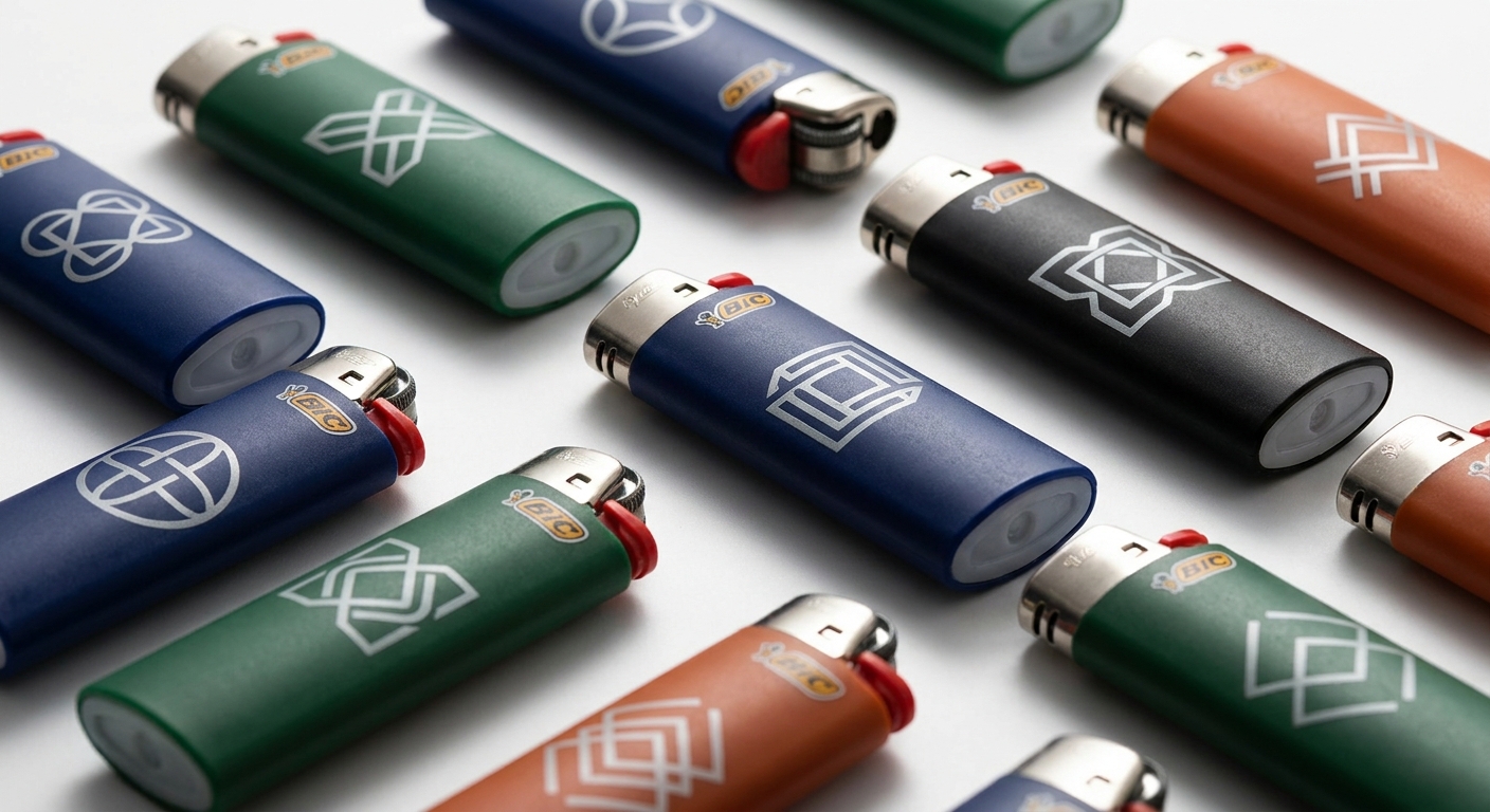 assortiment de briquets Bic personnalisés en différentes couleurs avec logos d'entreprise