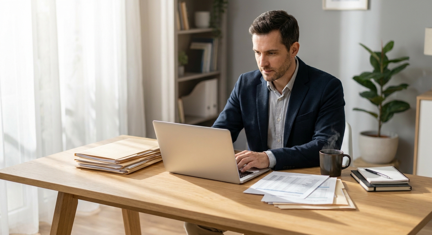 freelance assis à son bureau avec un ordinateur portable, entouré de documents administratifs et d'un café